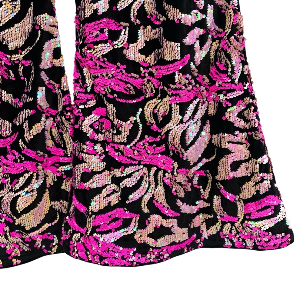 Nasty Gal Black Velvet Hot Pink Sequin Flare Pants New - Picture 6 of 11